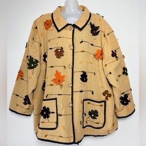 Vintage Allure Jacket Autumn Leaves Applique Art to Wear Artsy Boho Beige 30/32